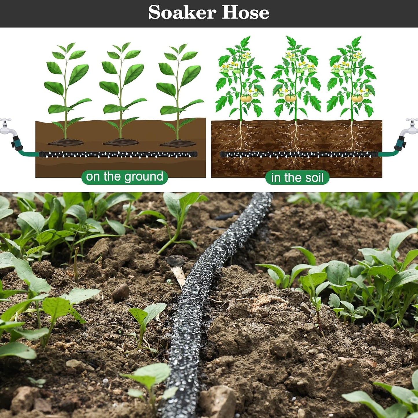 Soaker Hose 25 FT Pro for Garden Beds 1/2 Inch Rubber Longer Lasting Drip Irrigation Save 70% of Water Various Accessories Great for Lawn and Yard