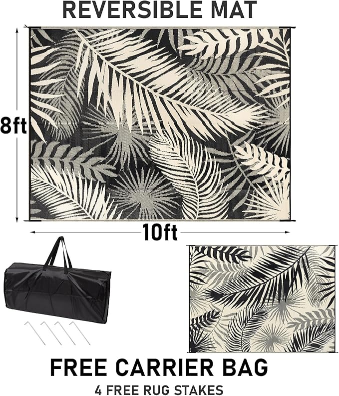 Outdoor Rug Waterproof for Patios Clearance, Reversible Outdoor Plastic Straw Rug Camping Carpet, Outside Floor Mats Large Area Rugs for RV,Patio,Deck,Porch,Beach, Balcony，8'x10',Black&Beige