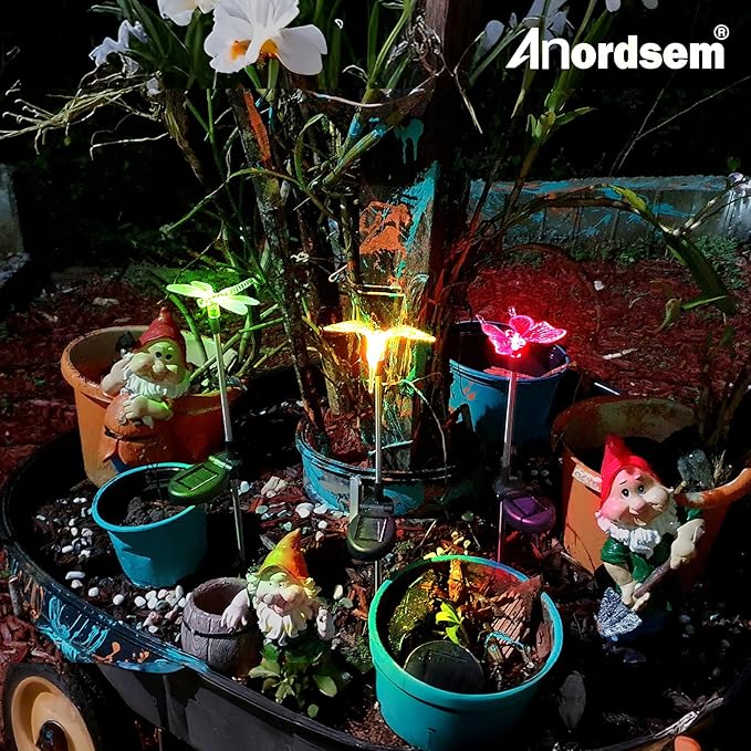 Anordsem Solar Garden Lights Outdoor: 3 Waterproof PVC Insect Light Heads - Changeable Color LED Stake for Homeowners Patio Decoration - Gardening Gifts for Garden Enthusiasts