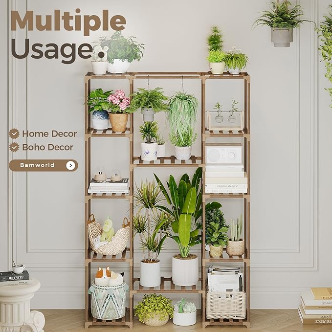 Bamworld 62.2'' Tall Plant Stand Indoor Large Plant Shelf for Multiple Plants Wood Flower Stand Outdoor Hanging Plant Rack for Living Room Garden Balcony Home Decor