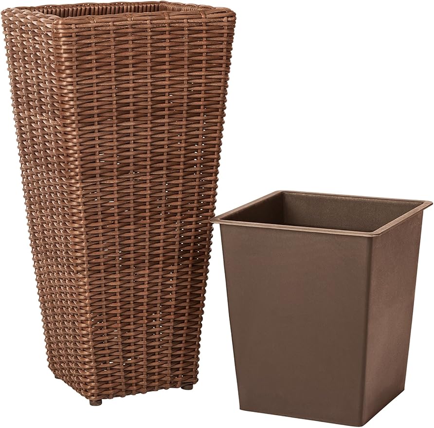 Patio Sense 62501 Alto Wicker All-Weather Planter Set with Liners Tall Plant Decor Box for Outdoors Patio Herb Garden Furnishings - Mocha - Pack of 2