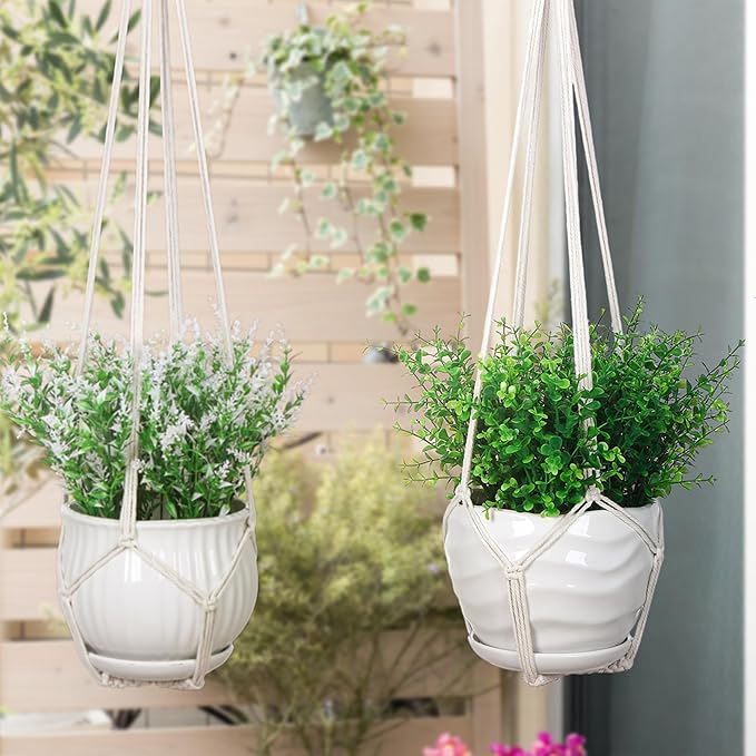 YIBOT 2 Pack 35" Macrame Plant Hanger Indoor Hanging Planter for Plants Holder with 2 Hooks,No Tassels for Indoor Outdoor Boho Home Decor, Ivory (POTS NOT Included)