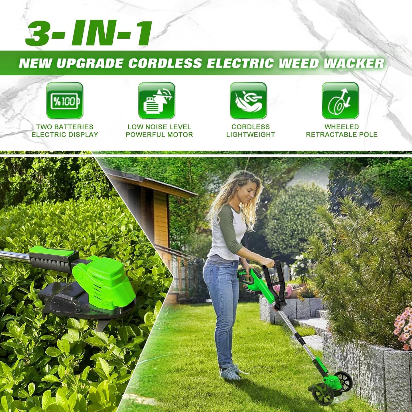 Electric Weed Wacker Eater Cordless Battery Powered, Weed Trimmer 21V Lightweight No-String with 2 Battery Operated & Wheels, 3 in 1 Stringless Grass Trimmer/Edger/Brush Cutter for Garden Yard Lawn