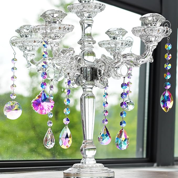 HDCRYSTALGIFTS 9 Pack Iridescent Sun Catchers with Crystals,Rainbow Maker Crystal Suncatchers for Window Hanging Colored Glass Wind Chimes Prism Pendant Suncatcher Beads for Decoration