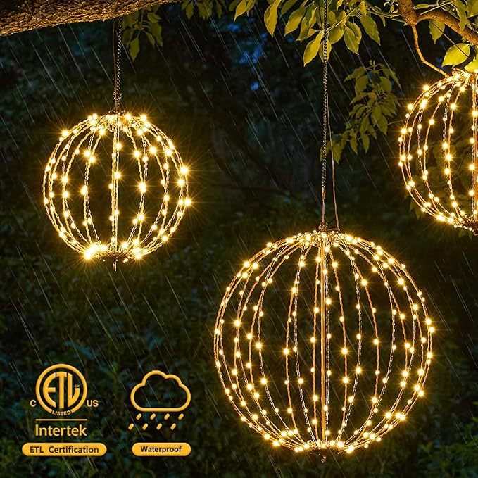 Christmas Ball Light Sphere, 20IN 200LED Hanging Tree Light and Pathway Lights with Hook and Stake, Foldable Metal Frame Light Ball for Outdoor Garden, UL Listed, Brown Frame, Warm White