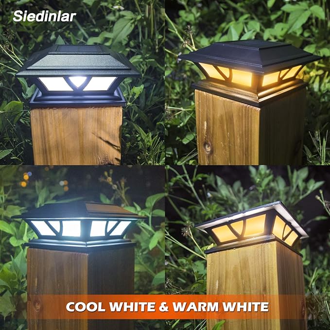SIEDiNLAR Solar Post Lights Outdoor 2 Modes LED Deck Fence Cap Light for 4x4 5x5 6x6 Posts Patio Garden Decoration Warm White/Cool White Lighting Black (1 Pack)