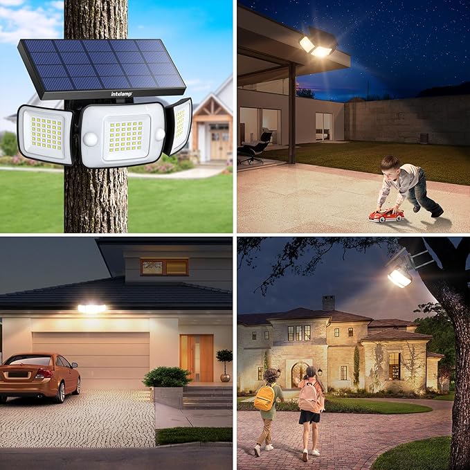 intelamp Solar Flood Lights Outdoor Waterproof, 6000mAh 1200LM Solar Powered Dual Motion Sensor LED Warm Lighting Dusk to Dawn Security Floodlight Exterior with Remote for Outside Garden House Patio