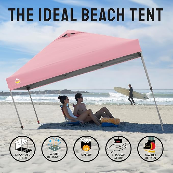 CROWN SHADES 10x10 Pop Up Canopy Tent - Patented Center Lock One Push Instant Outdoor Canopy Beach Tent with STO-N-Go Bag 8 Stakes & 4 Sand Bags，Pink