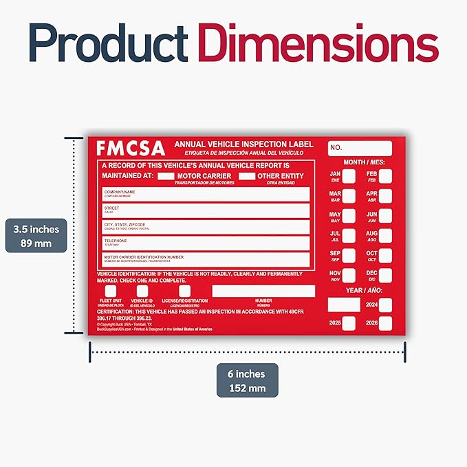 25 Pack Buck Aluminum Annual Vehicle Inspection Label with Punch Boxes, 2 Mil Red FMCSA Self Adhesive Sticker, DOT Compliant, Weatherproof, Tear Resistant, Easy to Write On, 6" x 3.5" - Made in USA
