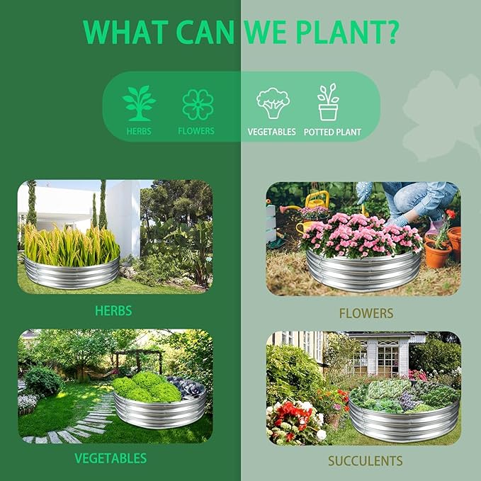 Durable Round Galvanized Steel Raised Garden Bed for Planting,Round Galvanized Steel Fire Ring/Fir Pit for Outdoor- 5×5×1FT,0.8MM Thick (Silver, 60 ins Diameter x 12 ins high)