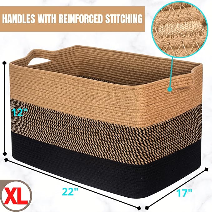 MINTWOOD Design 22in Extra Large Blanket Basket Holder for Living Room, Rectangle Rope Woven Storage Bin with Handles for Laundry, Pool Towels, and Shoes, Dog Toy Box Organizer, Black Jute