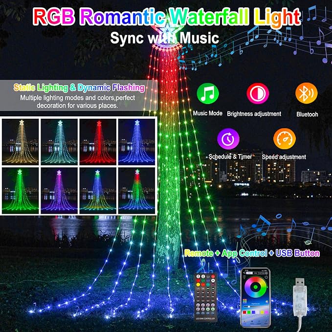 Outdoor Christmas Decorations Star String Light with Remote APP Control 10FT 305LED Waterfall Christmas Tree Light RGB Color Changing Waterproof Hanging Twinkle Fairy Light 210 Mode Timer Music Sync