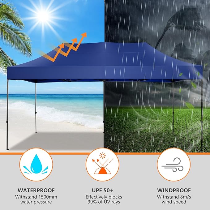 COBIZI 10x20 Pop up Canopy Heavy Duty Without Sidewalls, Easy Set-up Commercial Outdoor Party, 100% Waterproof Wedding Canopy Gazebo, 3 Height Adjustable with Wheeled Bag, Dark Blue