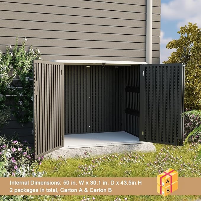 KINYING Larger Outdoor Storage Shed Weather Resistance, Resin Sheds & Outdoor Storage for Garden, Patios, Backyards, 48 Cu.Ft Tool Shed for Garbage Cans, Lawn Mower, Garden Tools,Black