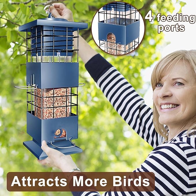 Bird Feeder 3LBS Metal Anti-Squirrel Wild Birdseed Feeder for Finch Cardinal Blue Jay Outdoors Hanging (Blue)