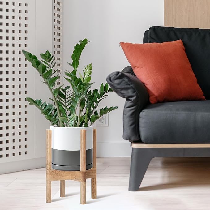 D'vine Dev Ceramic Planter with Natural Stand - 8 Inch Modern Round Flower Pot with Wood Planter Holder, White/Grey, 55-B-N-6