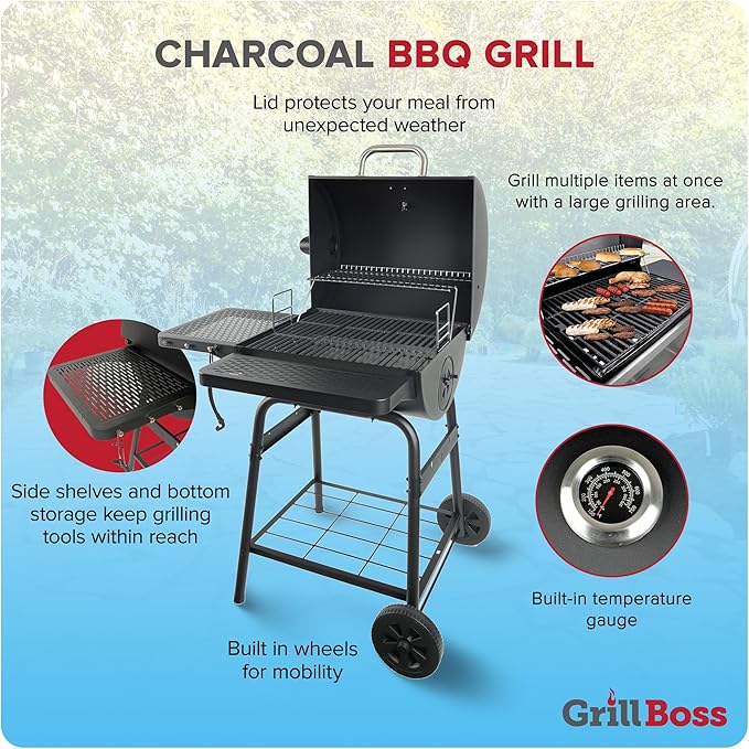 Grill Boss 23 Inch Charcoal Barrel Grill with Adjustable Grate, Large Cooking Area, Black