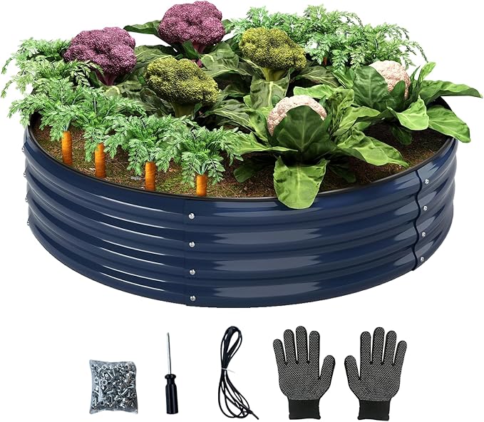 Galvanized Metal Planter Round Raised Garden Bed Kit for Gardening Outdoor，2x2x1ft Grow Garden Box Raised Flower Bed，Round Galvanized Planter Outdoor Metal Fire Pit Ring