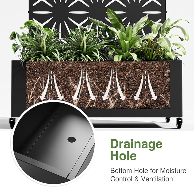 Casaphoria Metal Raised Garden Bed with Trellis and Wheels, 72"x35"x16" Planter Box for Climbing Plants, Vegetables & Vines, Features Drainage Holes and Privacy Screen (Black-Star)