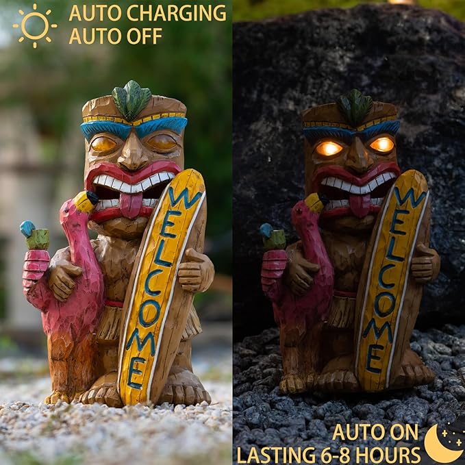Welcome Tiki Statue with Surfboard Flamingo-Solar Outdoor Decor - Tiki Man with Automatic Switch On Flickering Eyes LED Light for Tiki Bar Decorations, Patio, Balcony, Yard,Lawn,Gifts