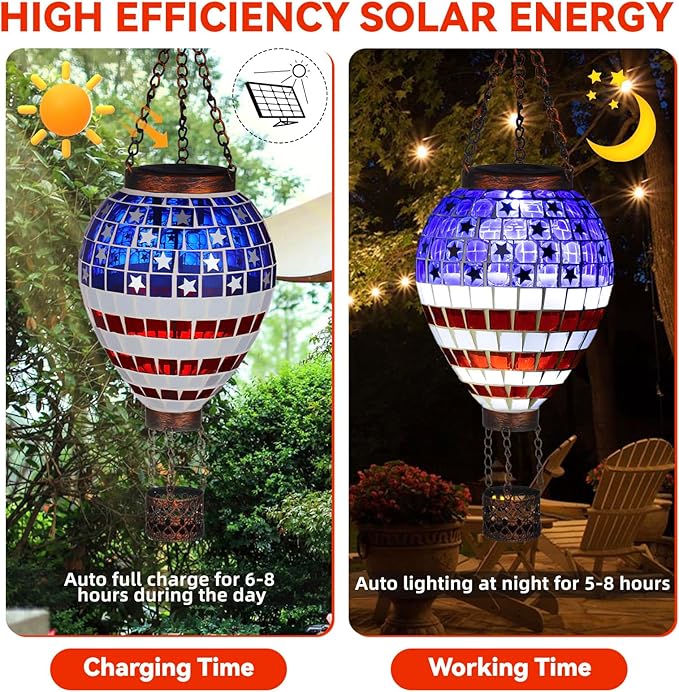 VOREEN American Flag Hot Air Balloon Solar Lantern, Mosaic Solar Outdoor Hanging Wind Light, IP44 Waterproof, Patio Festive Decor, Patriotic Theme, Easter Gifts for Mom Grandma