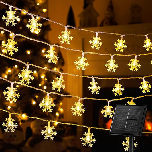 Brightown Solar Christmas Snowflake String Lights, 72FT 200 LED Outdoor Waterproof Fairy Lights with 8 Lighting Modes for Wedding, Party, Tree, Room, Garden, Patio, Yard, Home, Warm White