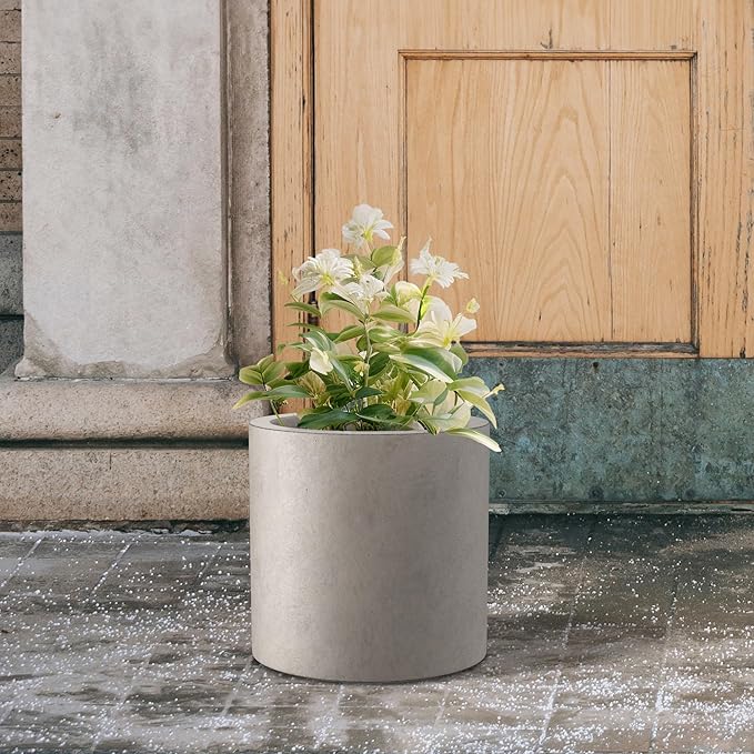 Kante 9.8" Dia Round Concrete Planter, Modern Style Large Cylindrical Plant Pot with Drainage Hole and Rubber Plug for Indoor Outdoor Patio, Weathered Concrete
