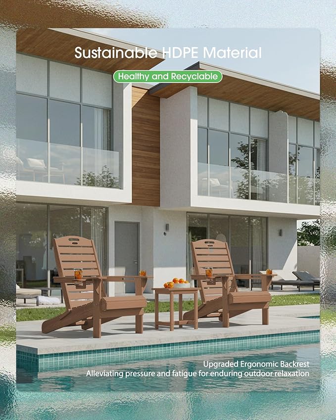 Adirondack Chairs Set of 6, Outdoor Fire Pit Chairs, HDPE All-Weather Adirondack Chairs with Cup Holder, Lawn Chair for Deck, Patio, Garden (Teak)