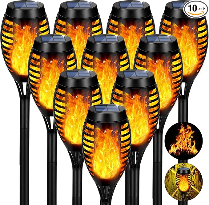 Solar Lights Outdoor, Upgraded 10 Pack Solar Torch Lights Outdoor Flickering Flame for Garden Decor, Waterproof Outdoor Lights Solar Powered, Tiki Torches for Outside Yard Patio Pathway Decor