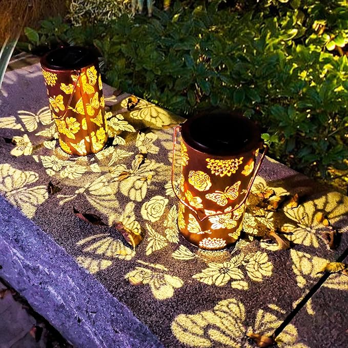Mothers Day Gifts, 2 Pack Butterfly Solar Lanterns Outdoor Hanging Lantern Lights, Flower Pattern Waterproof LED Garden Decorative Light for Patio Yard Pathway Lawn Front Porch Tree