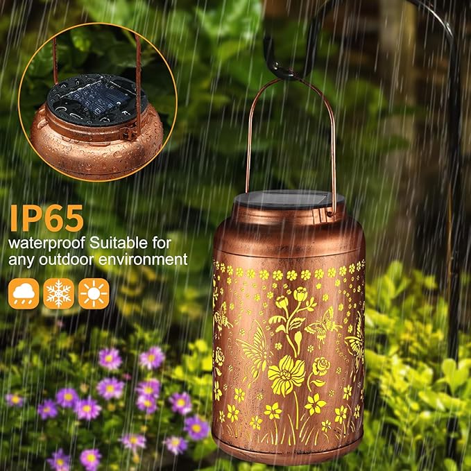 Solar Lanterns Outdoor Waterproof Hummingbird Garden Decor Christmas Gifts for Women Mom Grandma Hanging Lights Metal Solar Decoration Outside for Yard, Patio,Backyard,Porch(Butterfly and Sunflower)