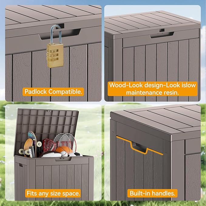KAMABOKO Deck Box, 32 Gallon Resin Indoor and Outdoor Storage Boxes Waterproof for Garden Tools, Pool Accessories Storage Bench, Patio Furniture and Cushions with Lockable Lid, Grey