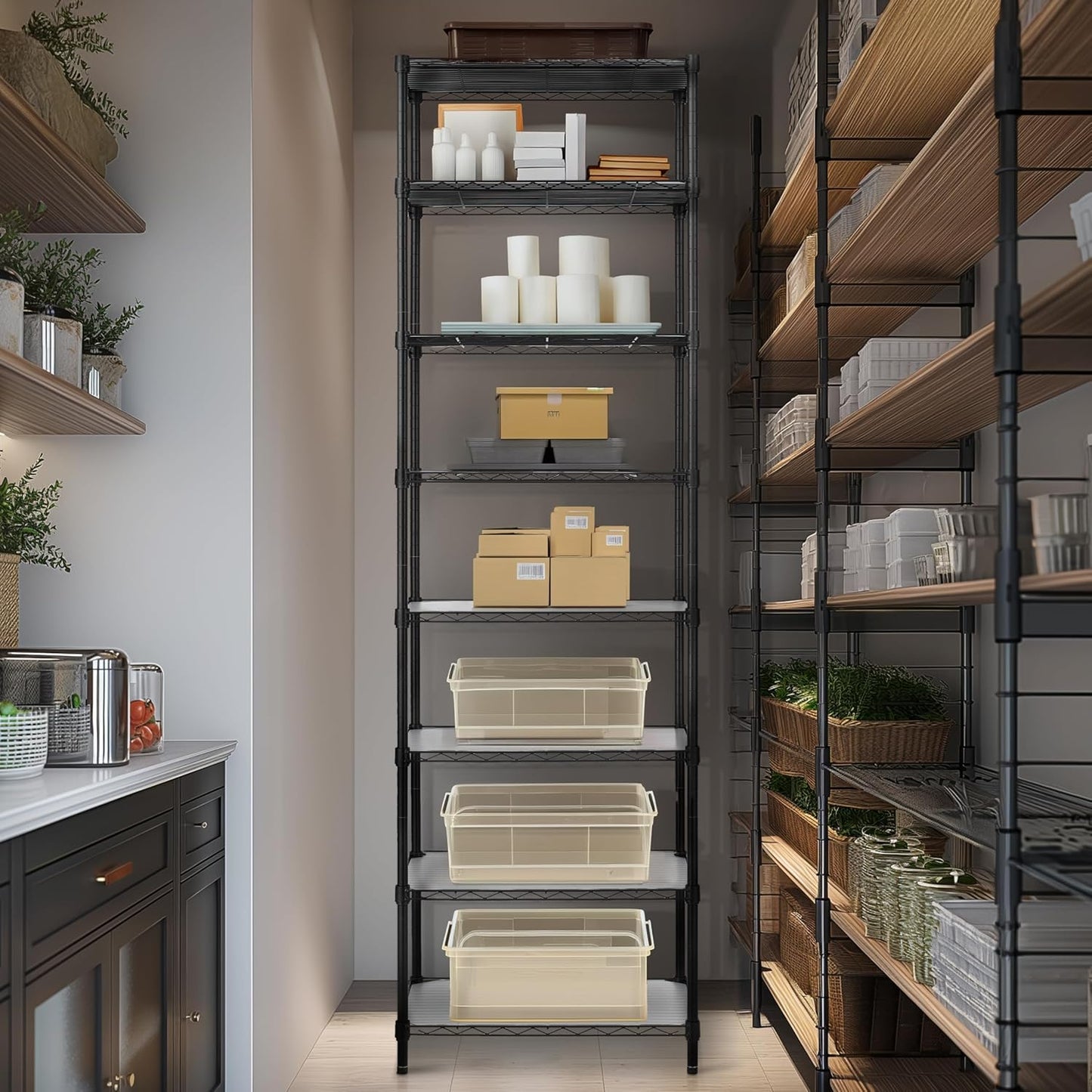 Finnhomy 8-Tier Wire Shelving Unit Adjustable Steel Wire Rack Shelving, 80.7 Inches Height 8 Shelves Metal Storage Rack, Pantry Shelves for Storage with PE mat, NSF Certified, Black