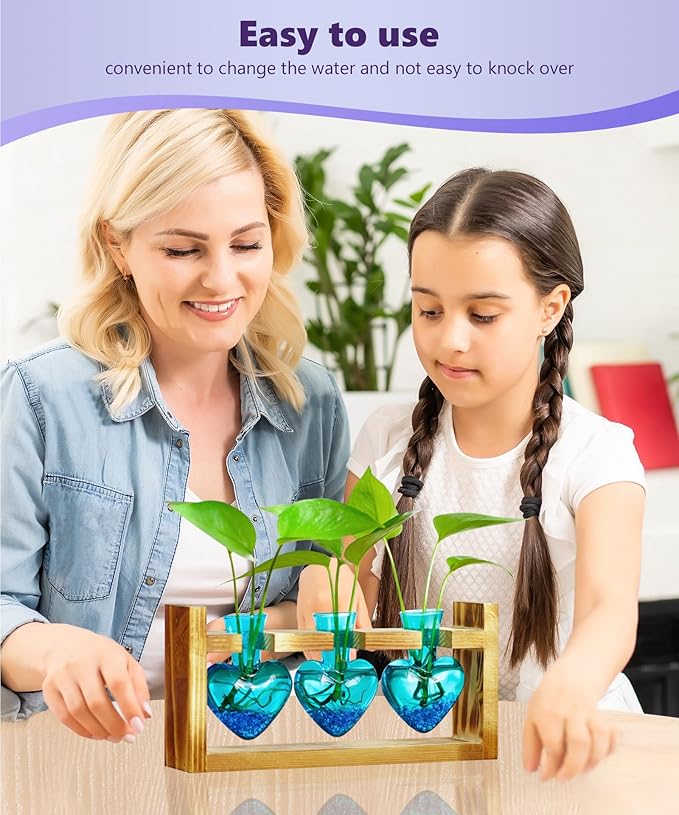Nacome Plant Terrarium for Office Decor: Wooden Stand Tabletop Planter 3 Bulb Glass Vase Heart Shaped for Hydroponics Indoor Home - Birthday Gifts for Women Mom Grandma