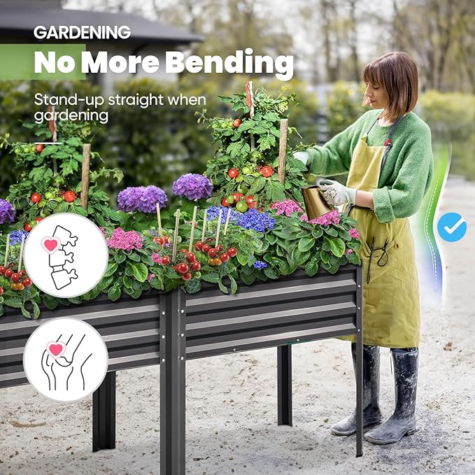 KING BIRD Raised Garden Bed with Legs Galvanized Large Elevated Planter Box for Backyard, Patio, Balcony, 600lb Capacity, Dark Grey 70.9x22.8x31.5 in