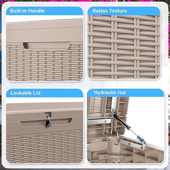 260 Gallon Large Resin Deck Box, Lockable Outdoor Storage Box for Patio Cushions Storage Furniture,Garden Tools, Pool Supplies, Weatherproof and UV Resistant- Grey Rattan (260 Gallon)