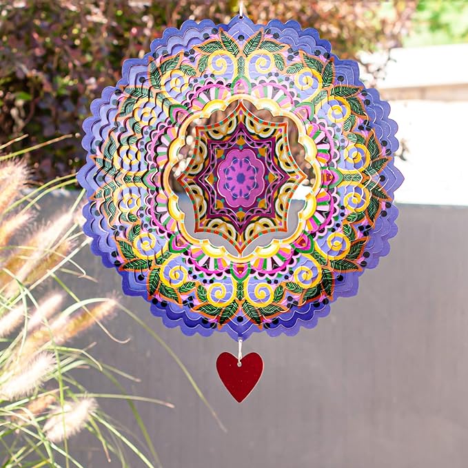 SteadyDoggie 12-Inch 3D Wind Spinners Outdoor - Mandala Purplerain Windmill Yard Decorations - Stainless Steel Laser Cut Ornament - Kinetic Garden Decor for Outside
