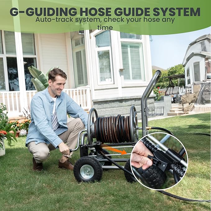 Giraffe Tools Hose Reel Cart, Hose Cart with Wheels Heavy Duty, Industrial Hose Reels for Outside, 250-Feet of 5/8" Hose Capacity, Hose Guide Pre-Installed