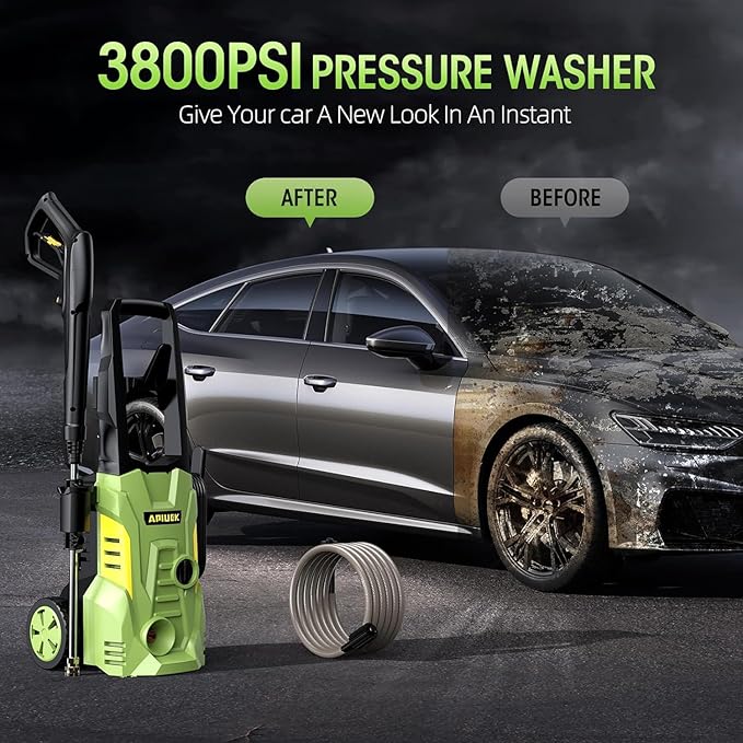 Electric High Pressure Washer - Portable Washer with 23 FT Water Outlet & 6.6 FT Inlet Hose, Steel Spray Wand, Foam-Adjustable Cannon,4 Nozzle Set, Cleans Car/Patio/Fence/Window, 3800PSI 2.4GPM