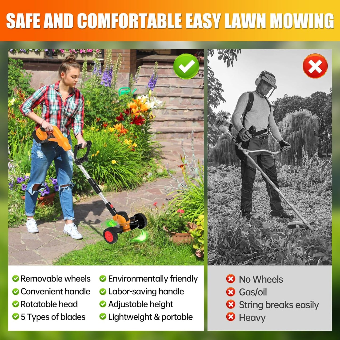 Electric Weed Wacker Eater Cordless String Trimmer Battery Powered, 21V/4000mAh Grass Trimmer Battery Operated Brush Cutter, 3 in 1 Lightweight Weed Trimmer/Lawn Edger/Trimmer Edger for Yard Garden