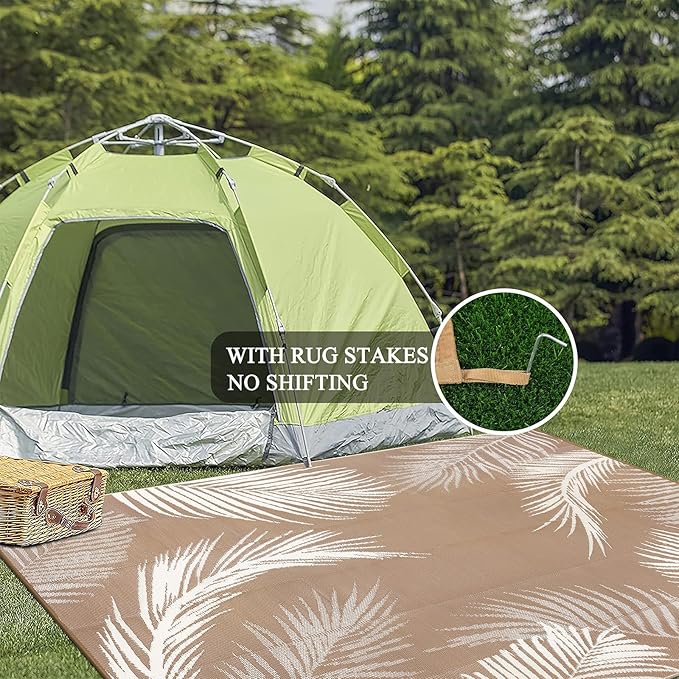 Pauwer Waterproof Outdoor Rug 10x14, Reversible Plastic Straw Patio Camping Rug, Indoor Outdoor RV Mat Carpet for Deck, Camper, Porch, Balcony, Backyard, Picnic, Leaf Brown