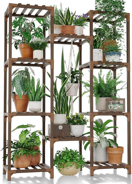 Bamworld Plant Stand Indoor Outdoor Tall Plant Shelf for Multiple Plants Pots Wood Flower Stand Large Flower Holder for Living Room, Patio, Balcony, Garden Decor, Brown