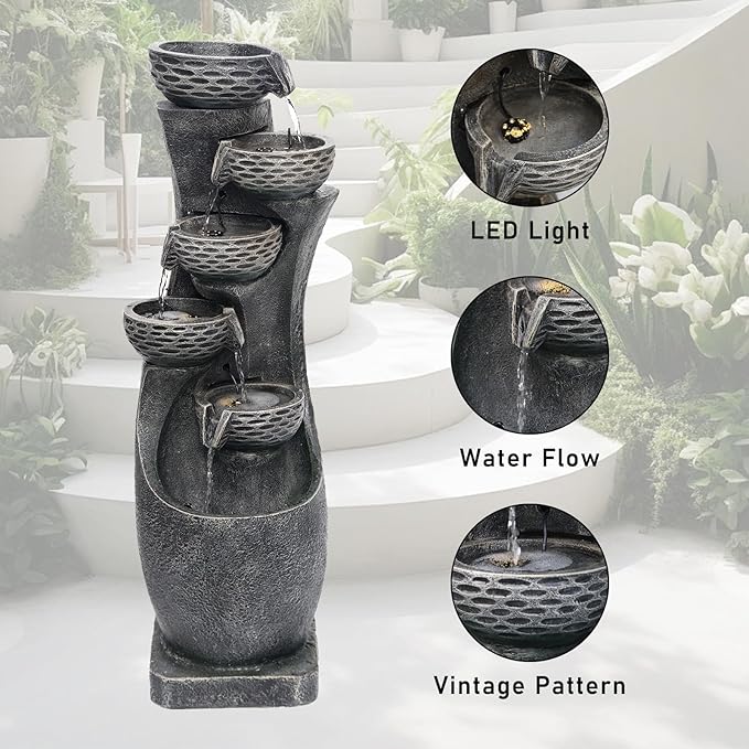 35.83''H Indoor Outdoor Modern Water Fountain 6-Tiers Garden Cascading Fountains Curve Shape Floor Standing Waterfall Water Feature with LED Light for Yard Deck Patio Home Art Decor