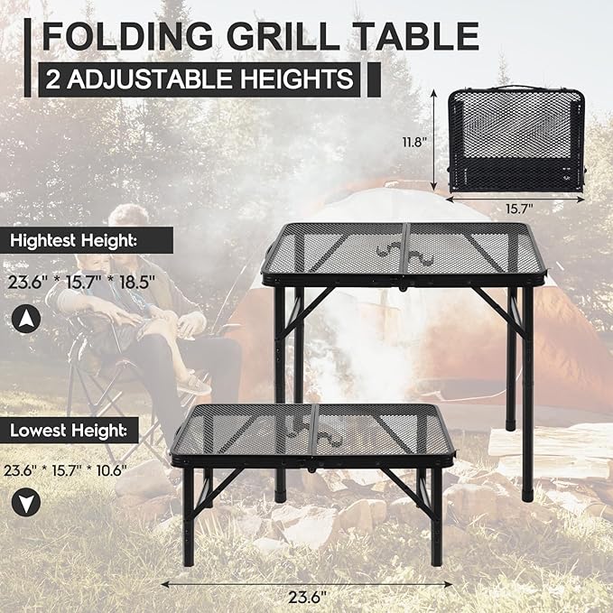 Camping Portable Folding Grill 2x1.3 FT Table, Lightweight Height Adjustable Metal Picnic Outdoor Table with Mesh Desktop and Mesh Bag, Picnic, Beach and BBQ, Party