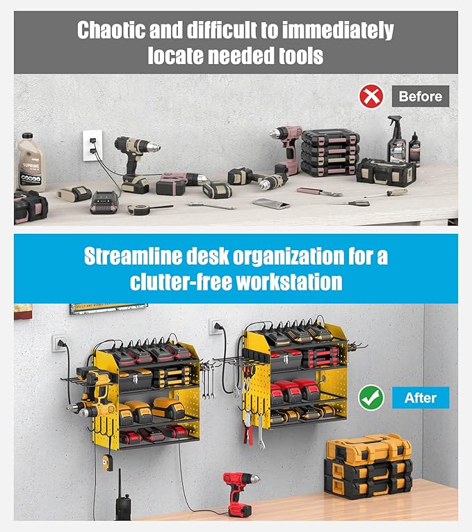 CCCEI Modular Desk Power Tools Organizer with Charging Station, 4 Layer Drills Battery Storage Wall Mount, Garage Shop Organization, Anniversary, Birthday, Gifts for Men, Father, Yellow, 6FT Cord.