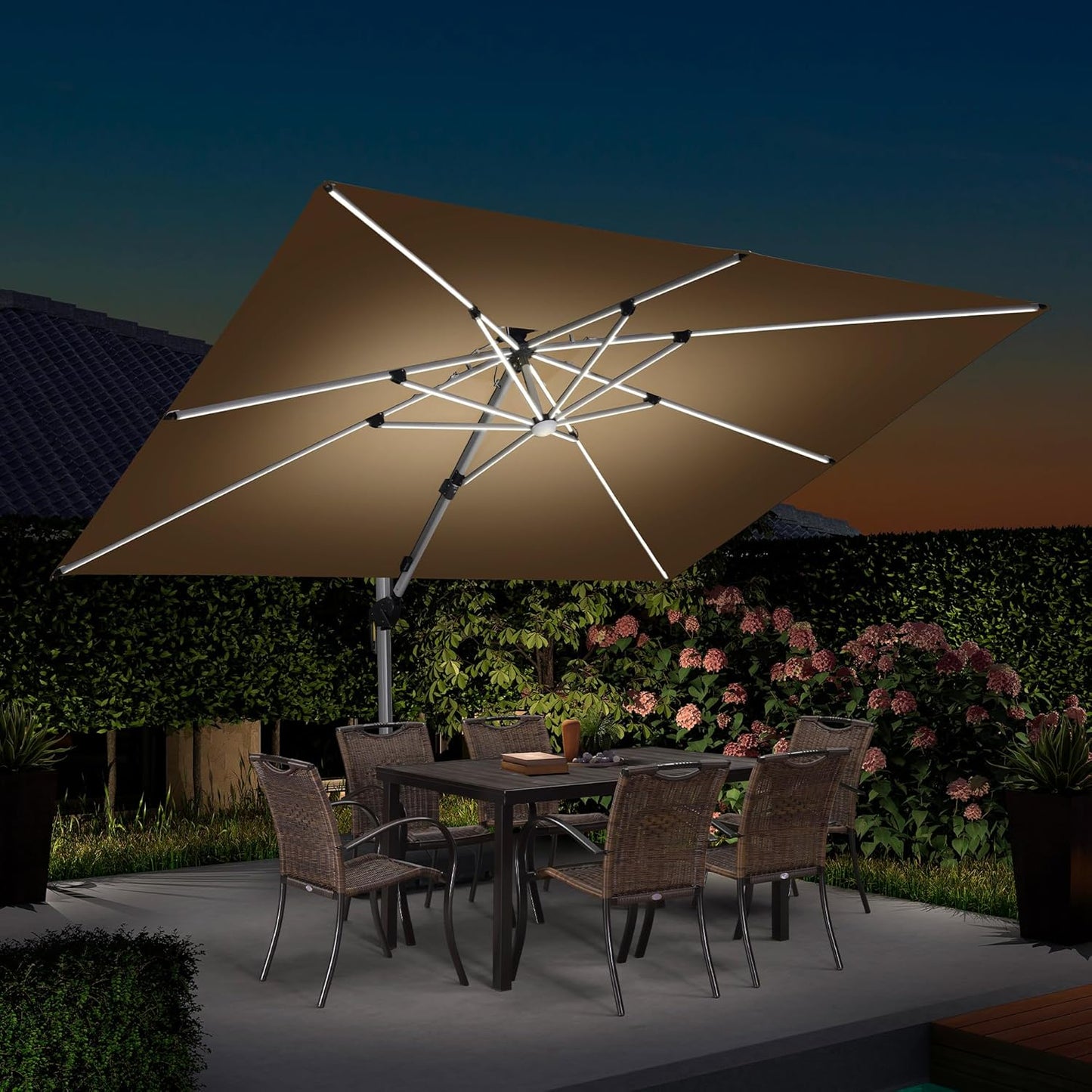 PURPLE LEAF 9' X 12' Double Top Deluxe Solar Powered LED Rectangle Patio Umbrella Offset Hanging Umbrella Outdoor Market Umbrella Garden Umbrella, Beige