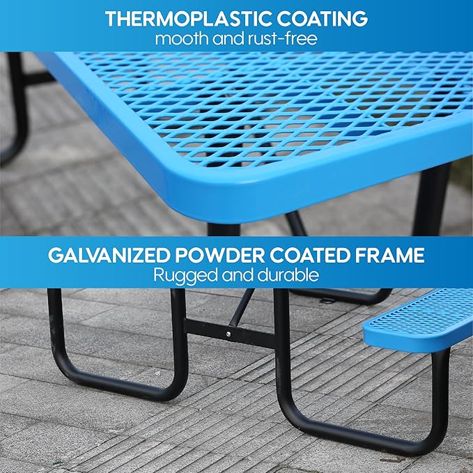 6FT Metal Picnic Tables for Outdoors, Commercial Rectangular Picnic Table and Bench Set for Outside, Patio, Garden, Backyard, Porch, Surface Mount, Blue