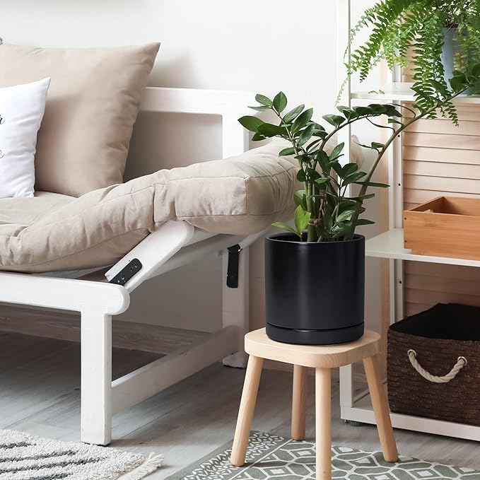 D'vine Dev Set of 2 Plants Pots, 8 Inch Ceramic Planter Pot for Plants with Drainage Hole and Saucer, Black, 94-V-D-2