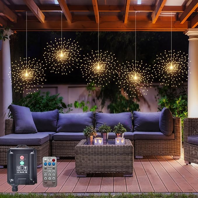 5 Pcs 1000LED Solar Starburst Sphere Lights,Firework Lights Remote Control Timer 8 Modes Dimmable Waterproof Hanging Fairy Lights, Sparkly Lights for Patio Garden Tent Outdoor(Warm White)