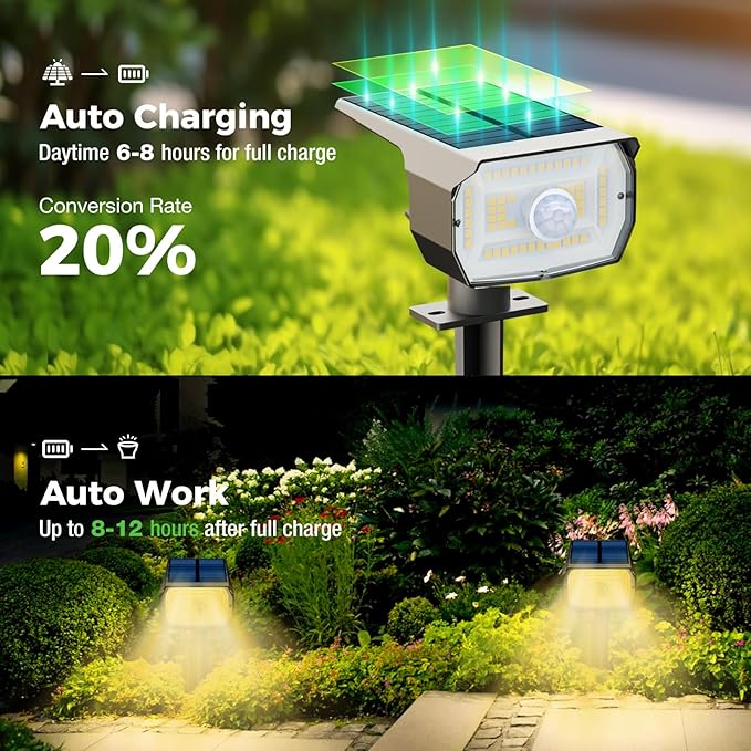 Solar Spot Lights Outdoor Motion Sensor with 3 Modes, [ 2 Pack ] Solar Spotlights Outdoor Waterproof 2-in-1 Auto On/Off Solar Landscape Lighting for Outside Yard Wall Garden Pathway, Warm White